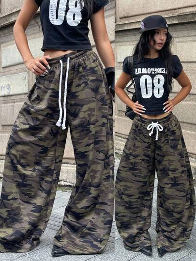 Coolane 女士秋季四季外出街头服饰复古弹力腰带迷彩针织阔腿休闲图案弧形下摆裤