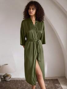 Ocili Leisure Comfortable Silky Waffle Robe With Tie, Soft Mid-Sleeve Ladies Nightgown Babydoll Luxeloungewear