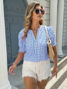 SHEIN LUNE Blue & White Plaid Short Sleeve Casual Plus Size Shirt For Women, Suitable For Everyday Wear - Blue - View 4