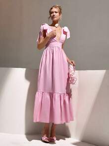 CLARA VERO Elegant Romantic Bow Shoulder Flowy Ruffle Hem Maxi Dress - Dusty Pink - View 3