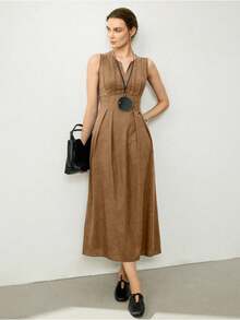 Uhlyne Váy suông vải lanh dệt không tay thanh lịch cổ chữ V, sọc hai túi màu trơn ôm vừa vặn dành cho nữ - Cà phê - Xem 4