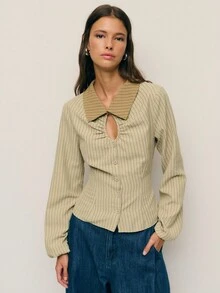 Nöista Áo sơ mi cài nút màu xanh ô liu, họa tiết sọc tinh tế, khoét lỗ khóa và cổ áo tương phản. Một biến tấu mới lạ cho kiểu áo sơ mi cổ điển - Phù hợp với trang phục công sở nổi bật, nâng tầm phong cách mùa thu và những dịp đi chơi sang trọng. - màu nâu - Xem 7