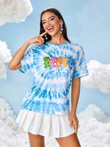 SHEIN X Care Bears 女士休闲扎染熊印花圆领短袖T恤，夏季 - 藍色 - 查看 2