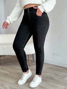 RueChic 97% CottonWOMEN PLUS SIZE SKINNY HIGH WAIST JEANS - Black - View 3