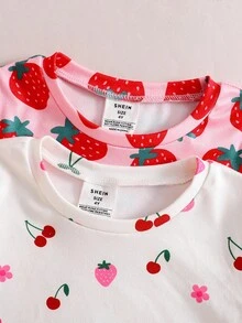 SHEIN 4 件套少女草莓图案针织柔软圆领短袖上衣和松紧腰紧身裤睡衣套装 - 彩色 - 查看 5