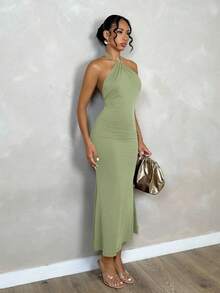 Glamine Backless Long Casual Dress With Neck Twist Design Maxi Women Outfit - Mint Green - View 5