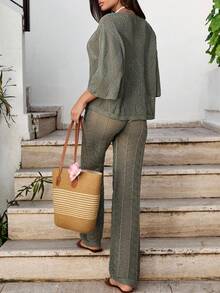 SHEIN Tall 女式高腰两件套钩针沙滩装套装 - 短袖纽扣上衣和高腰半身裙