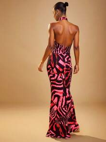 Hauture Animal Print Cross Halter Maxi Dress - Rust Brown - View 3