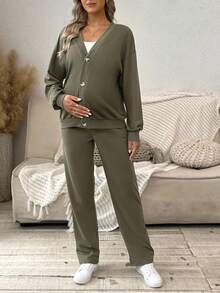 SHEIN 孕妇休闲针织开衫外套和抽绳裤套装 - 軍綠色 - 查看 6