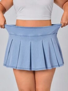 SHEIN Essnce Plus Size Women's Spring/Summer Knitted Denim Pleated Skirt With Shorts - Light Wash - View 4