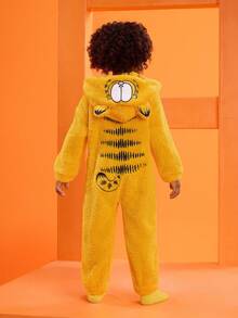 GARFIELD | SHEIN Young Boy Cute 3D Ear Cartoon Embroidery Hooded Long Sleeve Plush Yellow Pajamas Jumpsuit