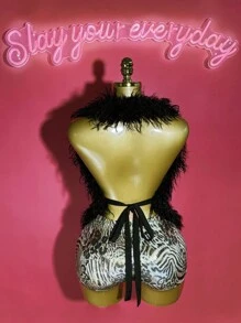 Slaydiva 2025春夏新款波西米亚音乐节,乡村风,洋气,海边度假,休闲,前卫,派对,可爱甜美,千禧一代,Y2k,性感火辣女孩,黑色皮草,毛绒材质,露背,露背,系带,无袖,超短背心,搭配豹纹,斑马纹,卡其棕色闪亮弹力针织紧身衣,修身,超短裤,热裤,女士两件套-B - 彩色 - 查看 2