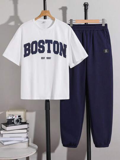 SHEIN Set de 2 piezas de camiseta de manga corta con cuello redondo y pantalones de unicolor casual con estampado de eslogan cómodo para adolescentes varones, adecuado para ir al trabajo, la escuela, uso diario casual, vacaciones, deportes, fiestas, primavera/verano