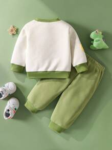 SHEIN 两件套男婴恐龙印花休闲上衣+裤子套装，秋冬 - 綠色 - 查看 2