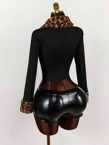 Amplova Women's Spring & Autumn Leopard Print Panel Fleece Lapel Long Sleeve Zip Front Fitted Jacket - Black - View 8