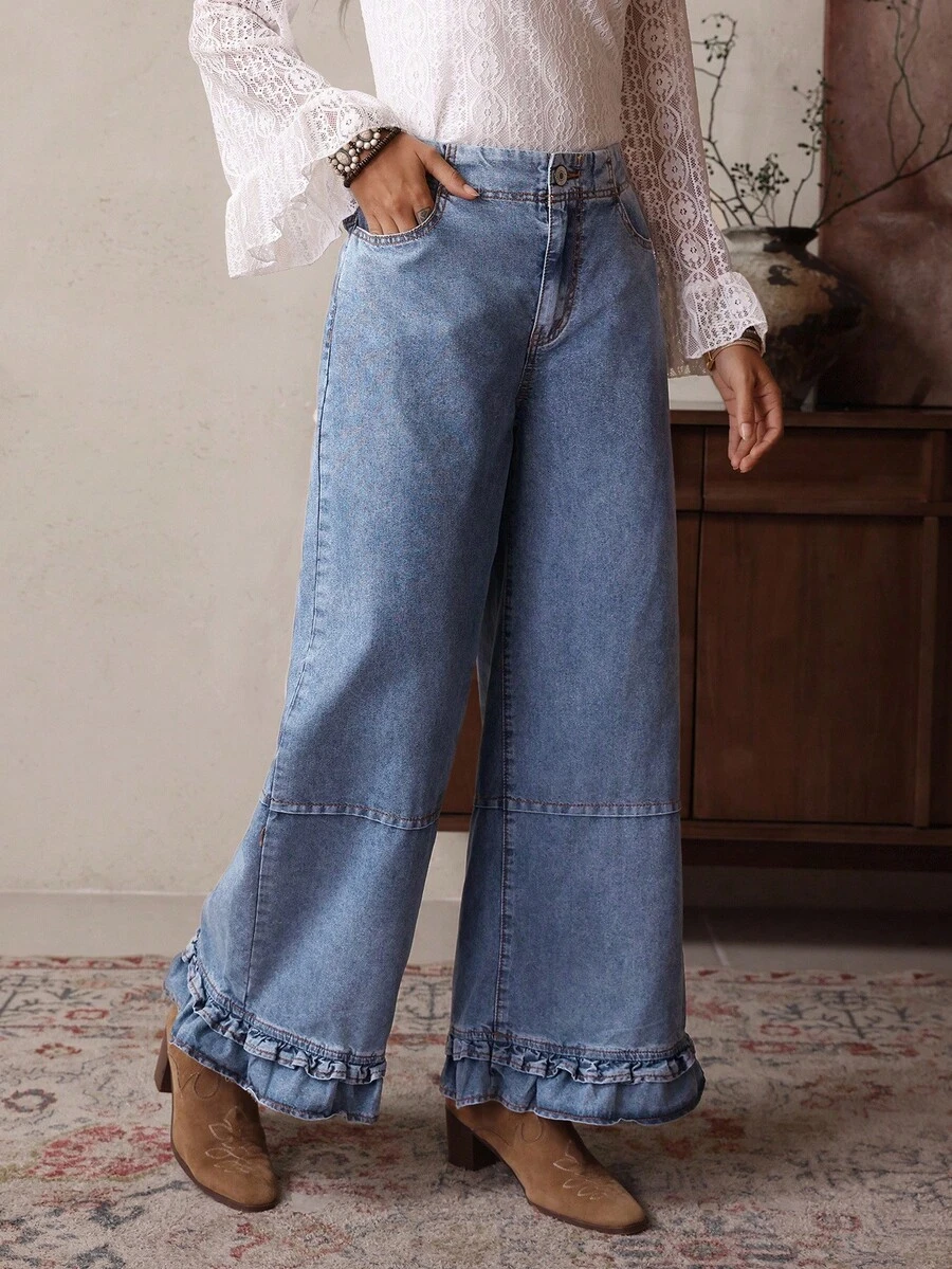 EMERY ROSE Women's Loose Casual Flared Jeans With Pockets And Ruffle Hem - Blue - View 1