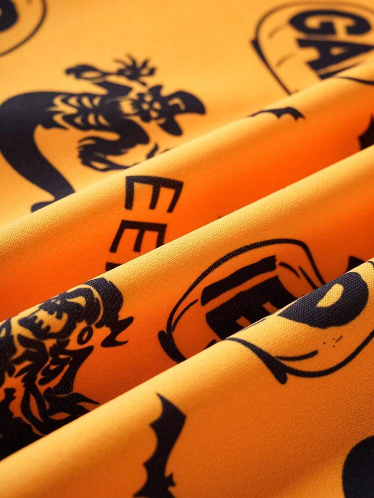 GARFIELD | SHEIN Tween Boy Cute Halloween Cartoon Graphic Long Sleeve Hooded Sweatshirt - Orange - View 3