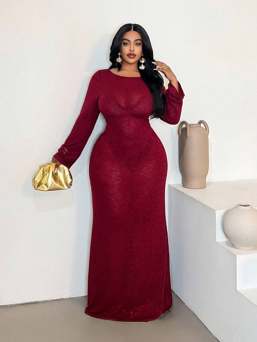 Maweii Robe moulante à manches longues minimaliste et sexy pour femmes grandes tailles