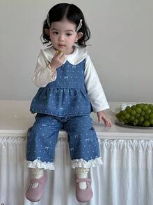 DAZY 2pcs Baby Girls' Casual Butterfly Print Denim Set, Crew Neck Fall/Winter Toddler Girls Clothes - Blue - View 1