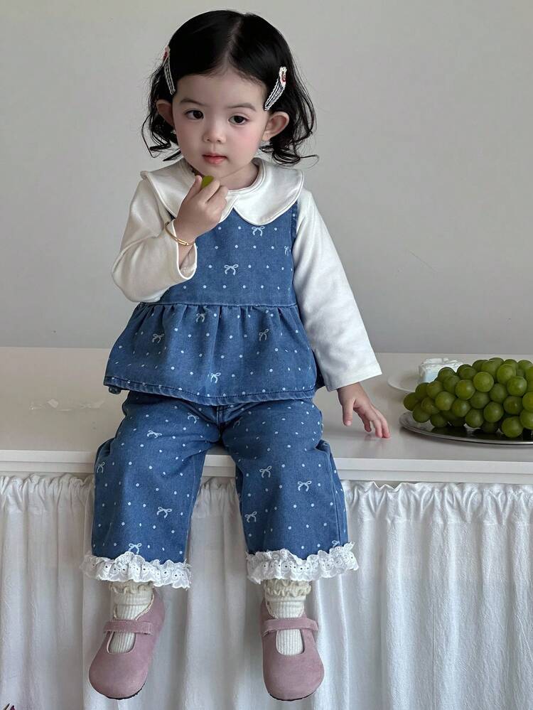 2pcs Baby Girls' Casual Butterfly Print Denim Set, Crew Neck Fall/Winter Toddler Girls Clothes