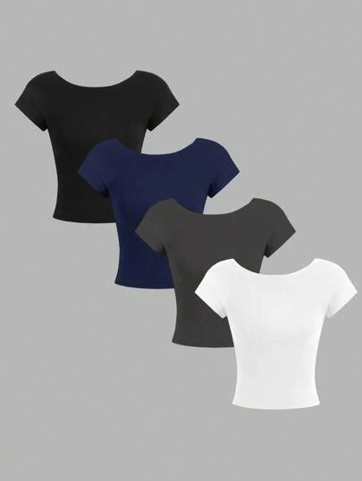SHEIN Essnce 4pcs Casual Solid Color Versatile Round Neck Tight Backless Hollow Women T-Shirts, Suitable For Summer 3 Packs Tops Fitted Tops Shirt Packs For Women Basic Women Tops Plain Tshirts Women