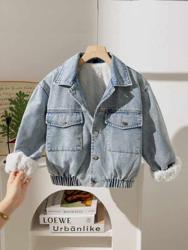 SHEIN Chaqueta y abrigo de mezclilla de cintura elástica suelta y lavada para niña preadolescente, con bolsillos con parches, forro térmico, casual y cómodo para otoño/invierno