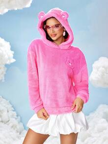 SHEIN X Care Bears 女士卡通刺绣粉色蓬松连帽运动衫