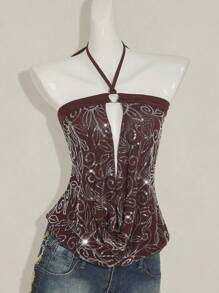 SHEIN ICON 女式亮片垂坠领上衣，复古 Y2K 风格性感透视网眼露背亮片衬衫，修身版型 - 棕色 - 查看 4