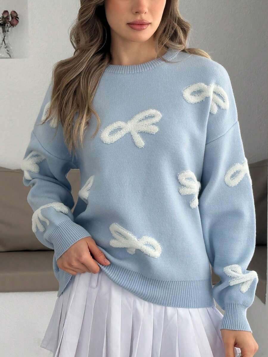 Cloudara 蝴蝶结刺绣淡蓝色毛衣/糖蝴蝶结针织毛衣 - 淺藍色 - 查看 1