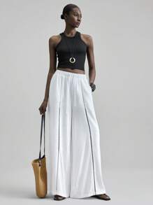 Ontre 2025 亚麻面料，秋冬全季，秋季服装，冬季服装，返校，万圣节女装，圣诞节，女教师制服，夜间外出服装，商务休闲裤，带抽绳松紧腰带和荷叶边下摆 - 白色 - 查看 8