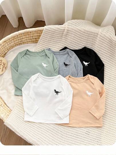 Newborn Casual Versatile Dinosaur Print Top, Multi-Color Chic Outfits For Autumn/Winter