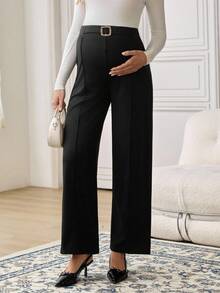 SHEIN Maternity Solid Color Waist Buckle Design Wide Leg Loose Elegant Office Pants - Black - View 5