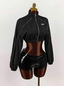 Amplova Áo khoác nữ mùa thu có chi tiết vá chữ tương phản viền ống màu đen - màu đen - Xem 7