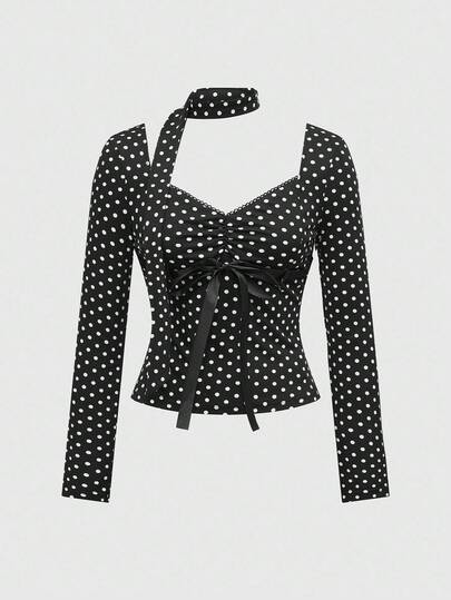 Y2K Polka Dot Bowknot Decor T-Shirt For Women