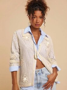 Travachic Cardigan femme à manches longues avec décoration florale 3D, style croisé avec effet ajouré. Cardigan , style western, en crochet et tricot ajouré, pour l'automne et l'hiver. Cardigans d'été. Cardigan western, style casual pour femme, automne, chic, pour sortir, élégant, style campagne pour femme - Beige - Voir 3