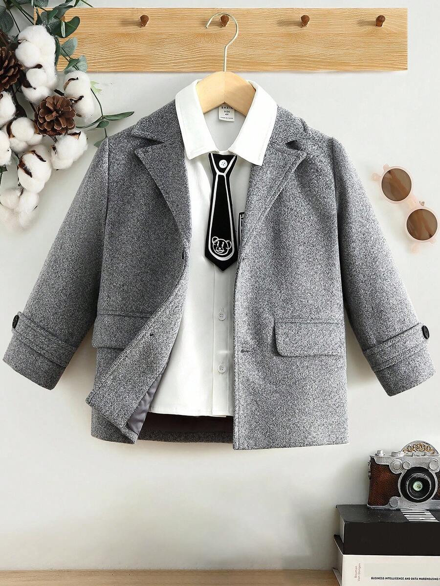 SHEIN 男小童1入組西裝領翻蓋細節花呢外套 - 灰色 - 查看 1