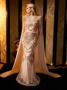 MOTF Soiréza 奢华珠饰鱼尾下摆雪纺晚礼服 - 优雅长裙，适合正式活动和特殊场合 - 香檳色 - 查看 3