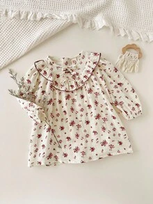 Cozy Pixies 女宝宝休闲度假风格碎花荷叶边装饰灯笼袖宽松连衣裙，春夏秋季 - 彩色 - 查看 3