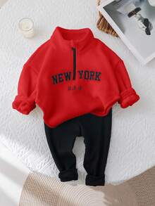 SHEIN Young Girl Cute Letter Printed Stand Collar Fluffy Top & Elastic Waist Long Pants Set Fall Winter - Red - View 3