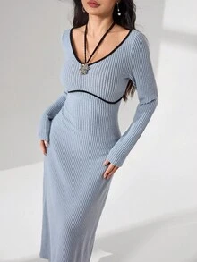 Modelyn V-Neck Color Block Tie Collar Metal Decor Button Long Sleeve Waist Cinched Women Long Dress Fall Cloth For Women - Blue - View 5