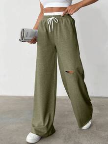 CasuGlow Drawstring Waist Cut Out Casual Sweatpants - Olive Green - View 4