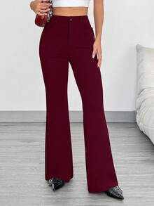 SHEIN EZwear Pantalones acampanados de cintura alta ajustados de color rojo vino - Burdeos - Ver 4