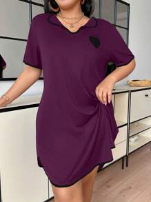 SHEIN 女士休闲睡衣迷你 T 恤连衣裙，撞色饰边，V 领 - 中紫紅色 - 查看 3