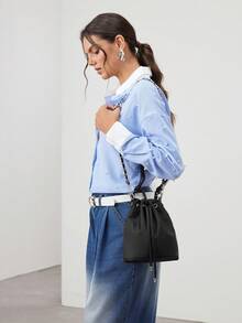 SHECARRY Casual Fashion Versatile Minimalist Daily Drawstring Women Crossbody Bag - Black - View 2