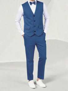 SHEIN 2pcs Teen Boys Gentleman Suit, Vest + Long Trousers, Elegant Outfit For Birthday Party, Wedding, Prom, Graduation, School, Campus, College - Navy Blue - View 8