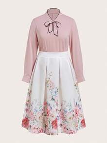 Ellevyn Multicolor Plus Size Woven Fabric Tie Neck Blouse And Plants Pattern Skirt Outfit - Multicolor - View 9
