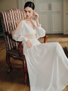 Anewsta 女式长袖串珠优雅长裙，白色，喇叭裙，新品上市