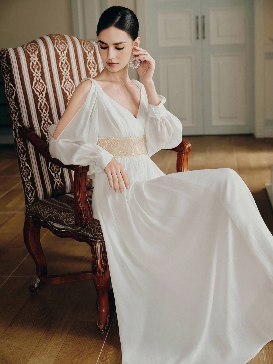 Anewsta Women's Long Sleeve Beaded Elegant Long Dress, White, Flared Skirt, New Arrival