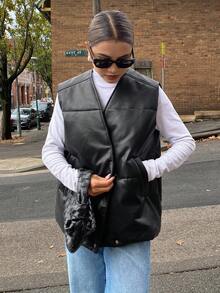 DAZY Women's Padded Vest Jacket, New Fashion Loose V-Neck Solid Color Casual Street Side Pocket Thickened Waistcoat Winter Leather Jacket - Black - View 5