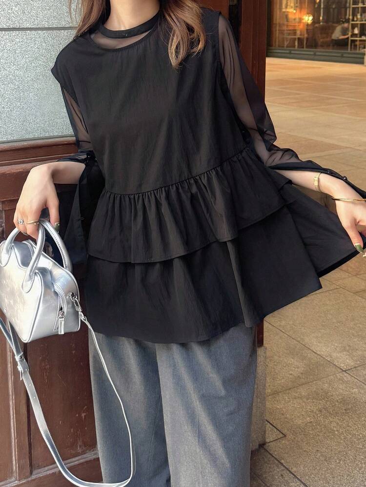 FRIFUL Women's Loose Fit Round Neck Layered Ruffle Hem Splice Casual Blouse, Autumn - Black - View 6